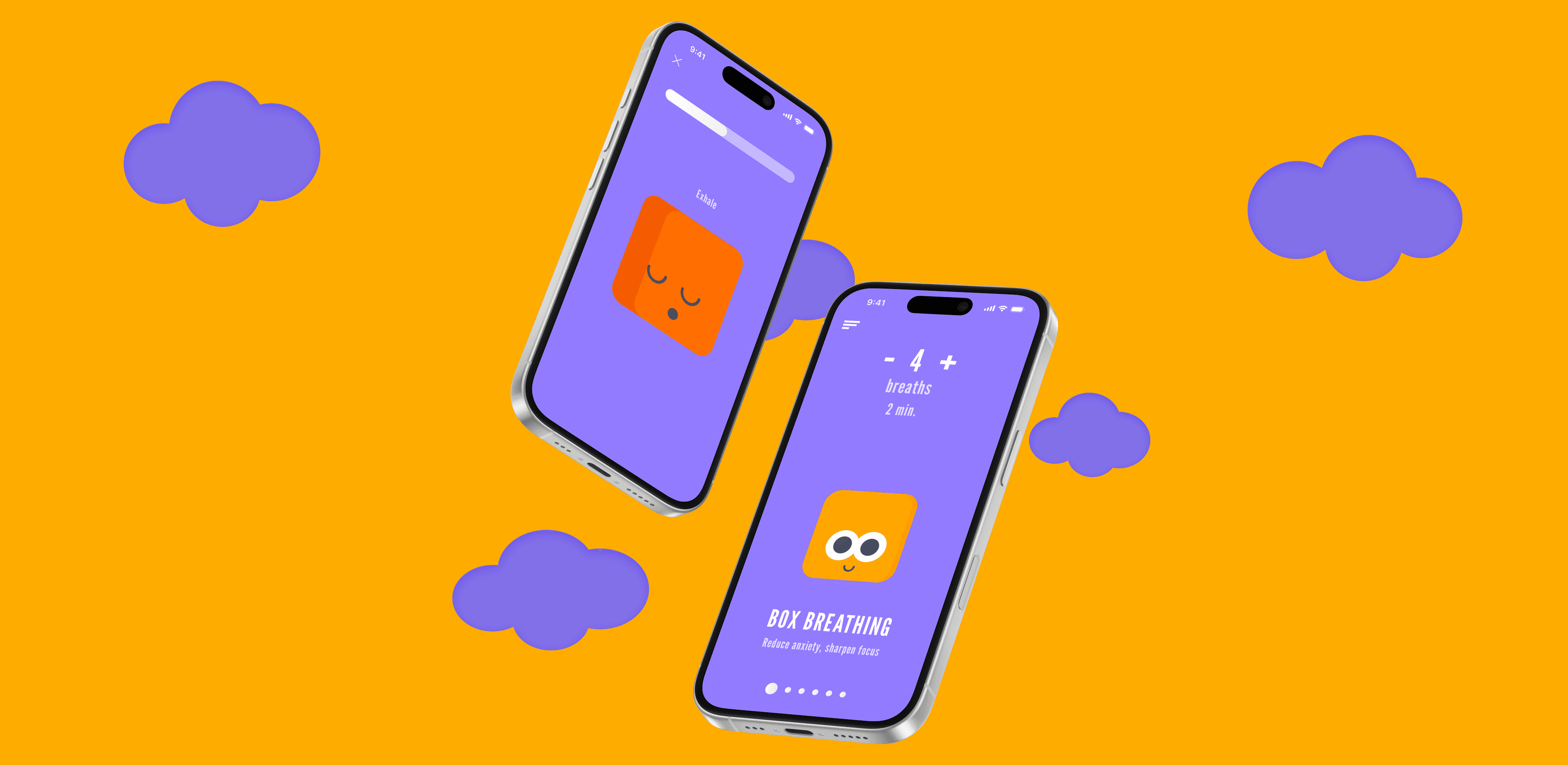Two iPhones over a yellow sky with purple clouds — left shows the orange box character mid-exhale, right shows the Box Breathing selection screen